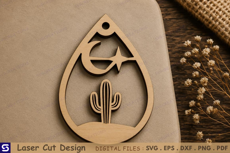 3D Desert Moon & Cactus Teardrop Pendant Laser Cut File
