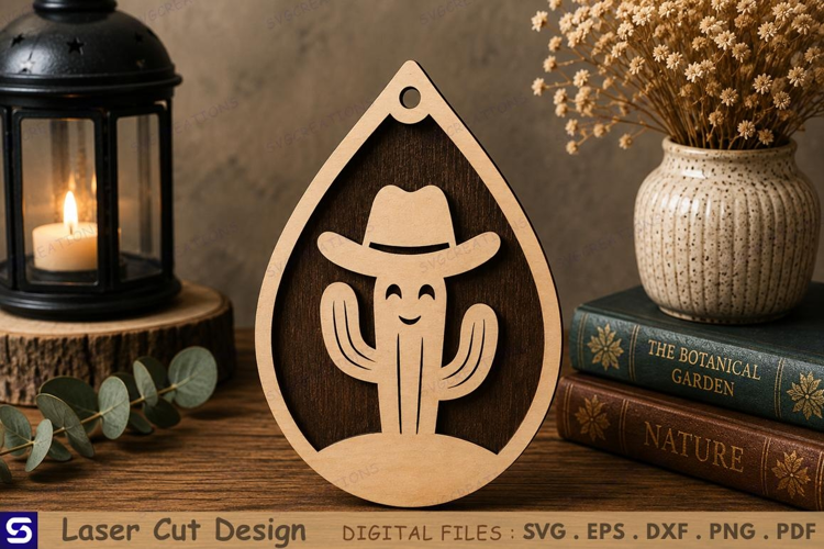 3D Cute Cowboy Cactus Teardrop Pendant Laser Cut File
