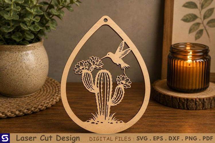 3D Hummingbird & Blooming Cactus Teardrop Pendant Laser Cut