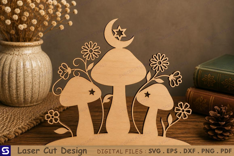 3D Celestial Moon & Star Mushroom Standee Laser Cut File
