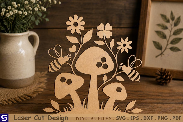3D Honeybee & Floral Mushroom Standee Laser Cut File