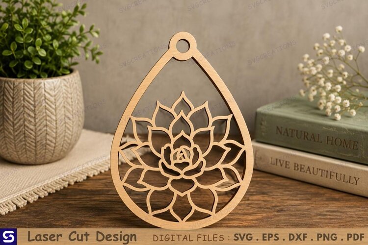 3D Succulent Mandala Teardrop Pendant Laser Cut File example image 1