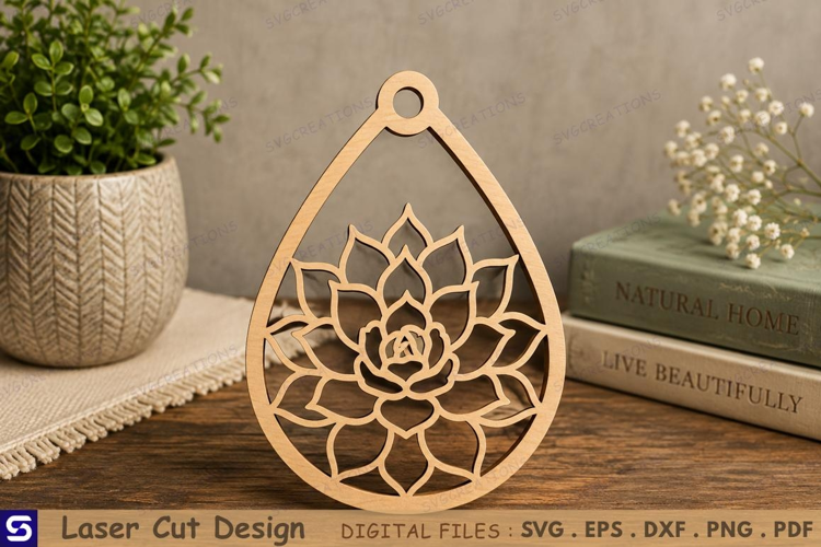 3D Succulent Mandala Teardrop Pendant Laser Cut File