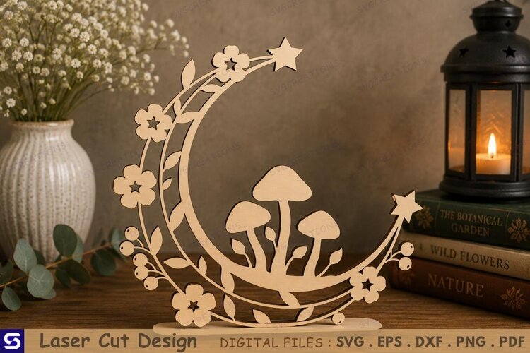 3D Floral Crescent Moon & Mushroom Standee Laser Cut File example image 1