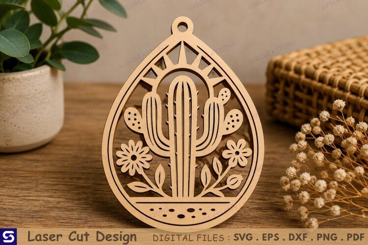 3D Cactus & Sunburst Teardrop Pendant Laser Cut File example image 1