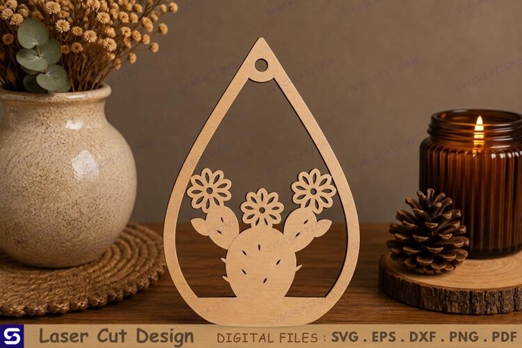 3D Blooming Prickly Pear Teardrop Pendant Laser Cut File example image 1