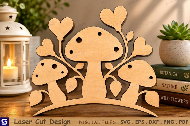 3D Heart Floral Mushroom Standee Laser Cut File - Romantic C