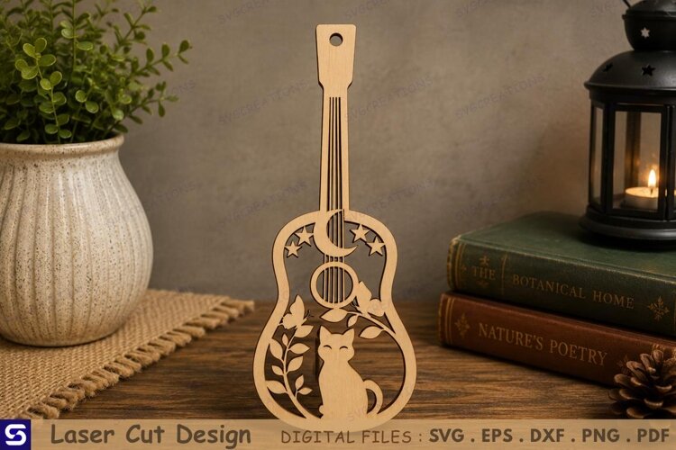 3D Celestial Cat Guitar Bookmark Laser Cut File example image 1