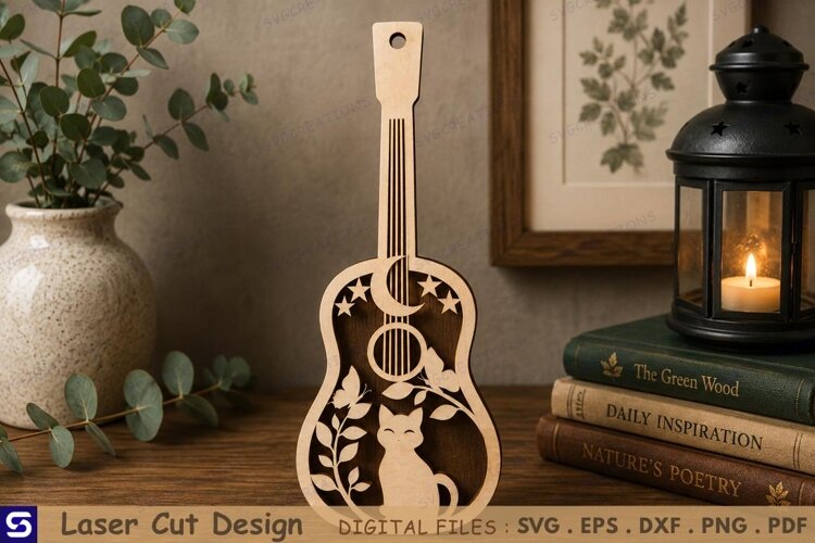 3D Celestial Cat & Moon Guitar Bookmark Laser Cut File example image 1