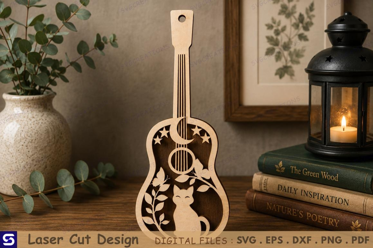 3D Celestial Cat & Moon Guitar Bookmark Laser Cut File