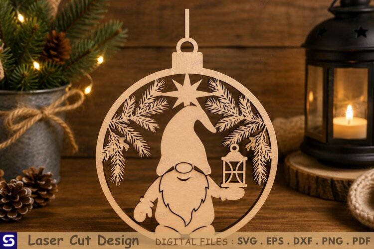 3D Winter Lantern Gnome Ornament Laser Cut File example image 1