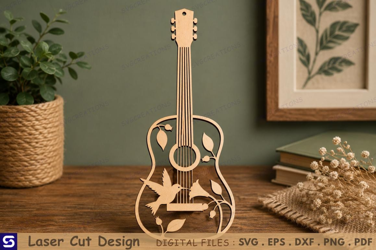 3D Hummingbird Floral Guitar Bookmark Laser Cut File