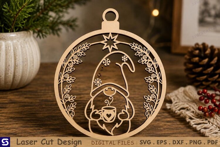 3D Winter Hot Cocoa Gnome Ornament Laser Cut File example image 1