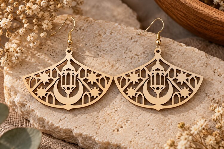 Fan Lantern Earrings Laser Cut SVG File fan earrings svg, example image 1