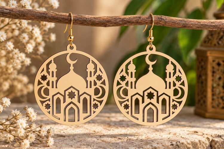Round Mosque Earrings Laser Cut SVG File round earrings svg, example image 1