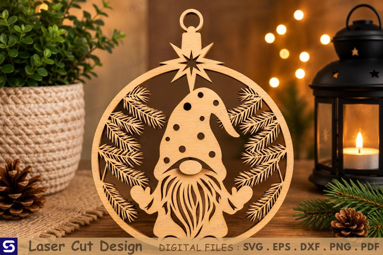 3D Winter Pine Wreath Gnome Ornament Laser Cut File