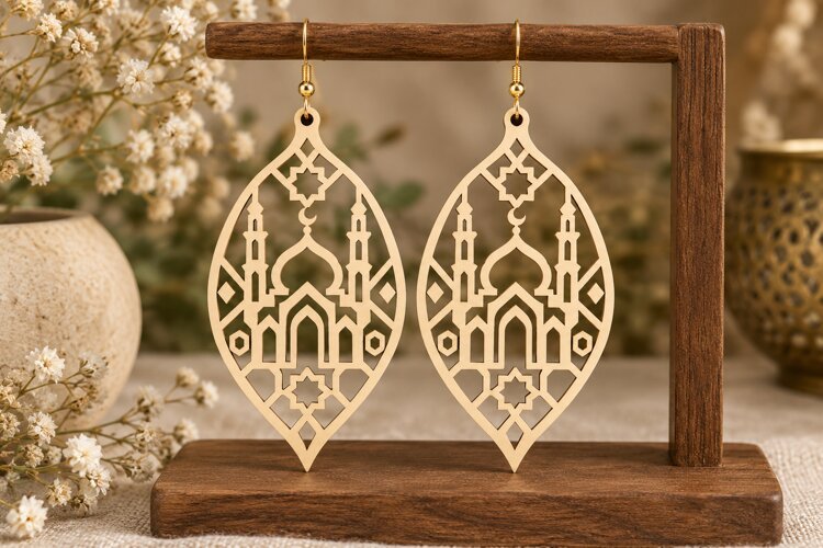 Leaf Mosque Earrings Laser Cut SVG File leaf earrings svg, example image 1