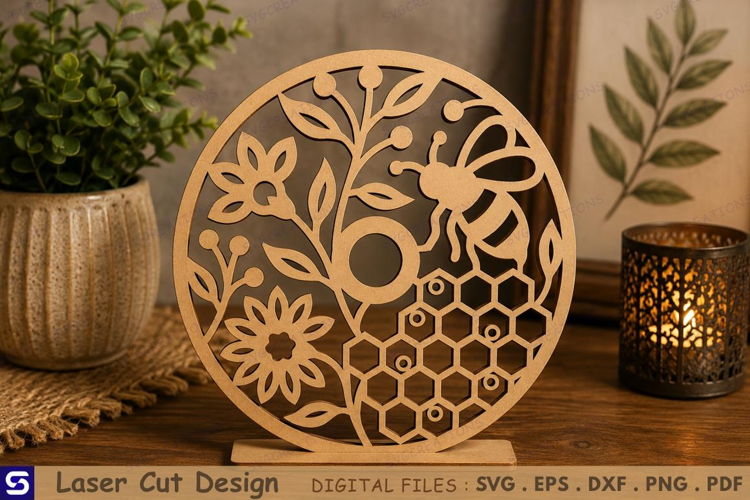 3D Honeybee & Honeycomb Circle Tabletop Decor Laser Cut File