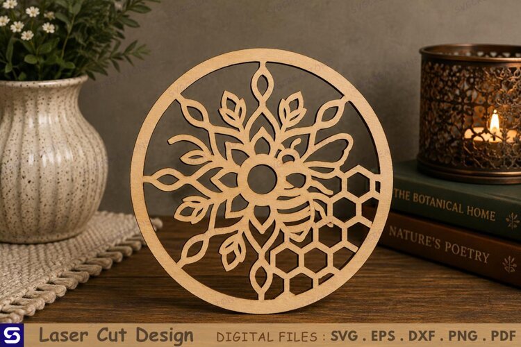 3D Honeybee Mandala Circle Tabletop Decor Laser Cut File example image 1