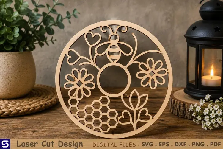 3D Honeybee Floral Circle Tabletop Decor Laser Cut File