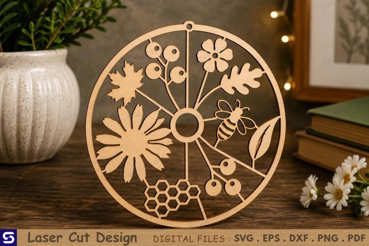 3D Honeybee & Botanical Wheel Tabletop Decor Laser Cut File example image 1