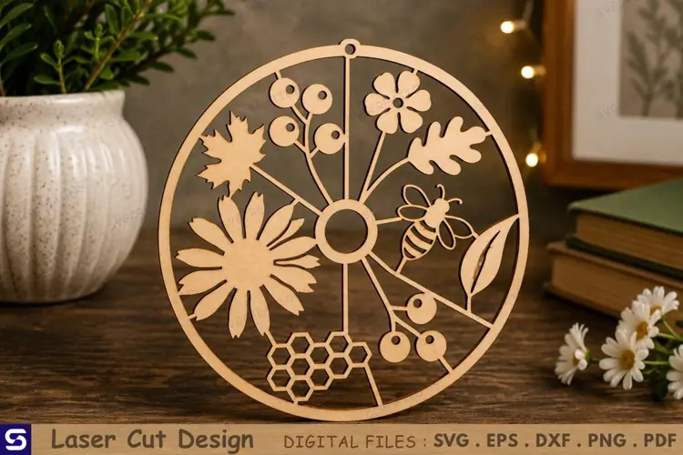 3D Honeybee & Botanical Wheel Tabletop Decor Laser Cut File