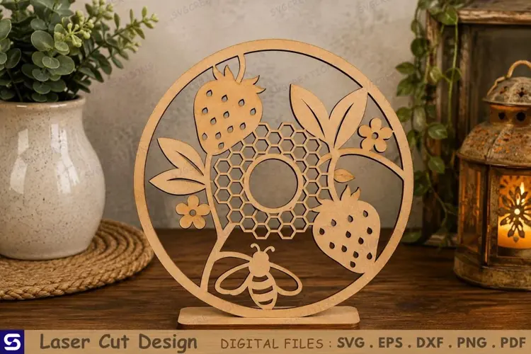 3D Honeybee & Strawberry Circle Tabletop Decor Laser Cut