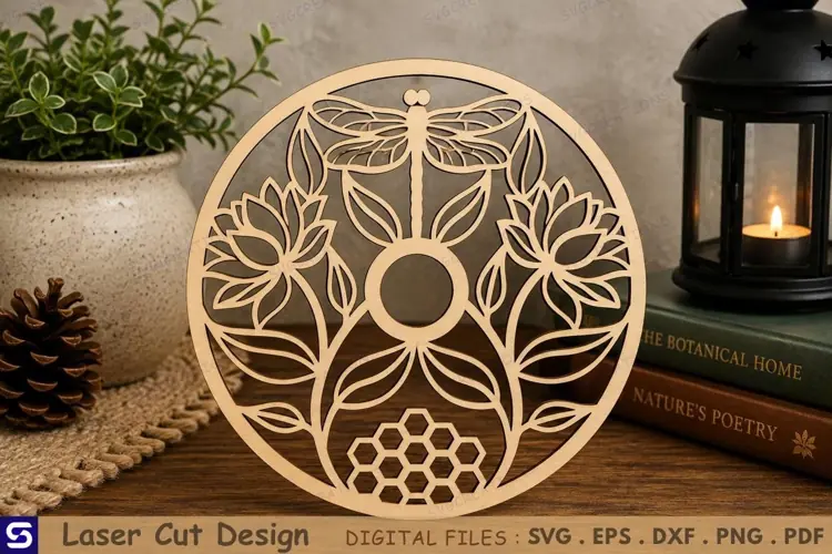 3D Dragonfly & Lotus Circle Tabletop Decor Laser Cut File