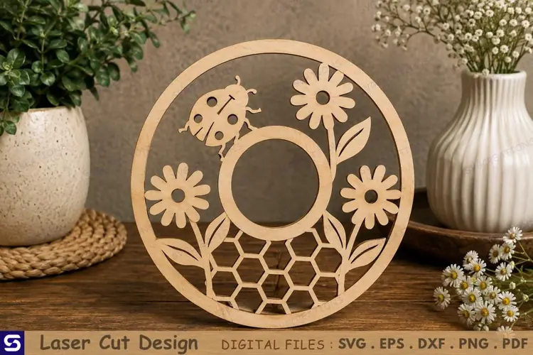 3D Ladybug & Daisy Circle Tabletop Decor Laser Cut File