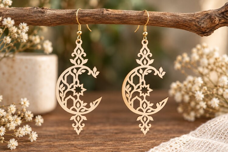 Floral Crescent Earrings Laser Cut SVG File crescent earring example image 1