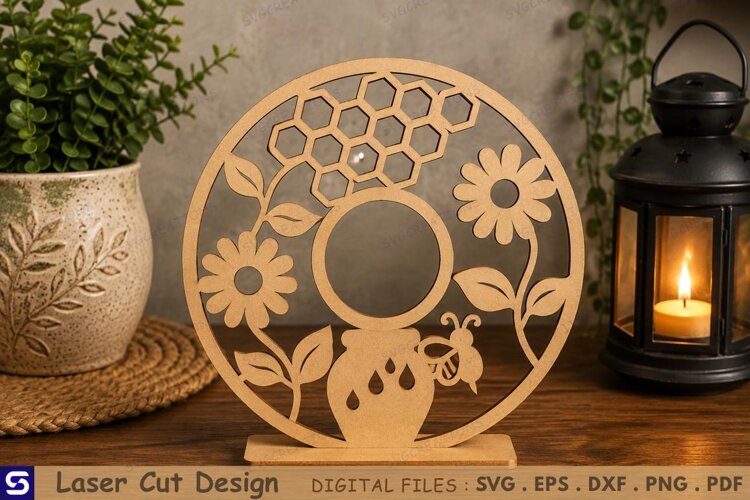 3D Honey Pot & Honeybee Circle Tabletop Decor Laser Cut File example image 1