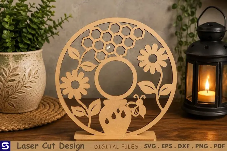 3D Honey Pot & Honeybee Circle Tabletop Decor Laser Cut File