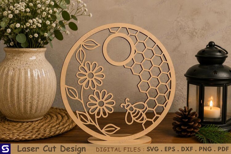 3D Honeycomb Bee & Wildflower Round Standee Laser Cut File example image 1