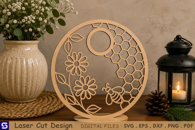 3D Honeycomb Bee & Wildflower Round Standee Laser Cut File