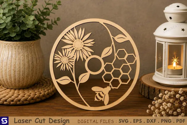 3D Honeycomb Bee & Sunflower Round Standee Laser Cut File
