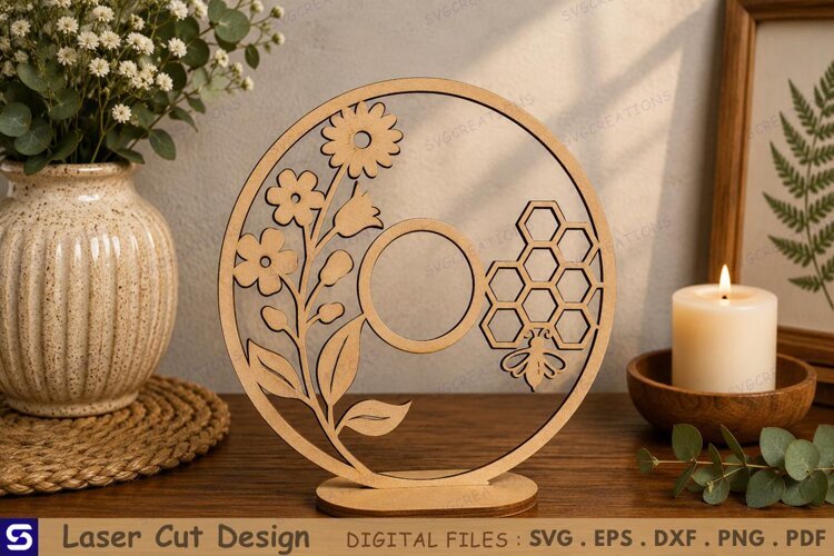 3D Honeycomb Bee & Daisy Round Standee Laser Cut File example image 1