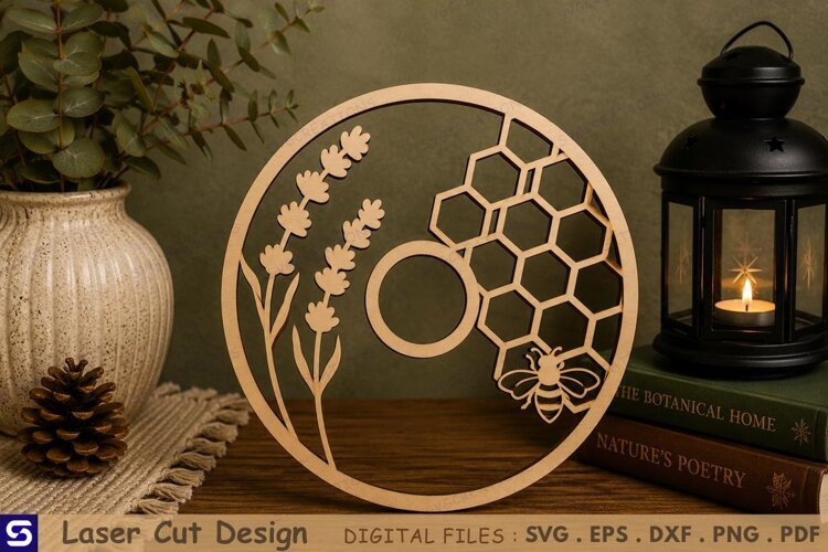 3D Honeycomb Bee & Lavender Round Standee Laser Cut File example image 1
