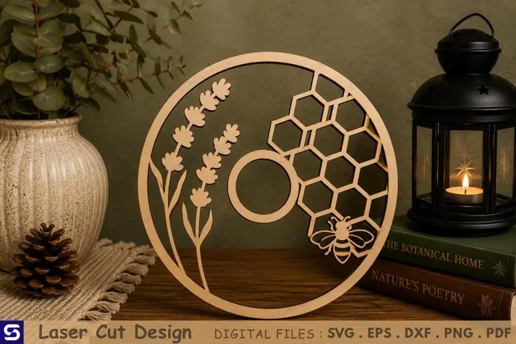 3D Honeycomb Bee & Lavender Round Standee Laser Cut File
