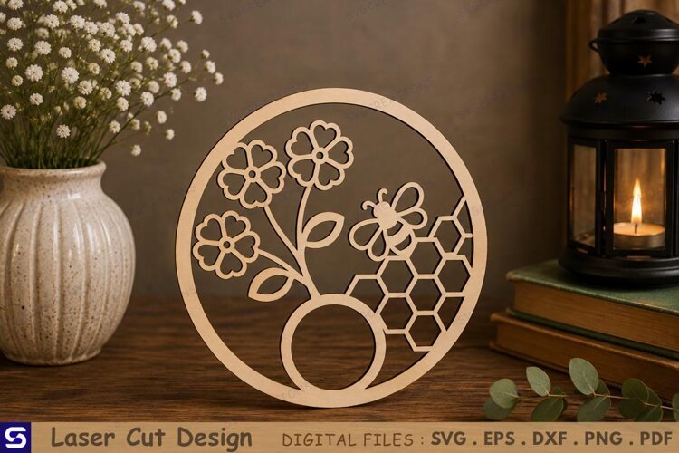 3D Honeycomb Bee & Four-Petal Blossom Round Standee Laser example image 1