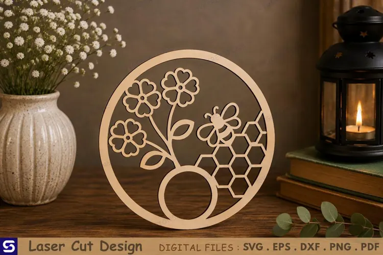 3D Honeycomb Bee & Four-Petal Blossom Round Standee Laser