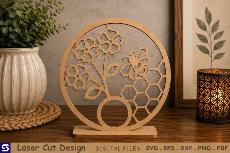 3D Honeycomb Bee & Heart Flower Round Standee Laser Cut File example image 1
