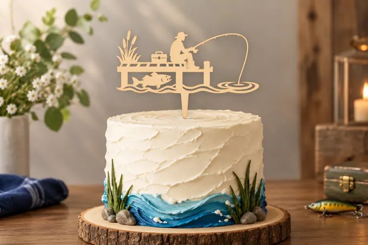 Round Fishing Cake Topper Laser Cut SVG File fishing cake