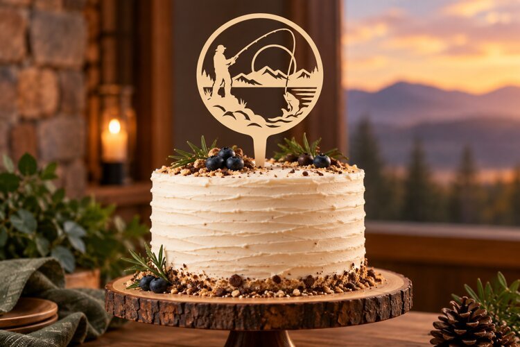 Mountain Fishing Cake Topper Laser Cut SVG File mountain example image 1