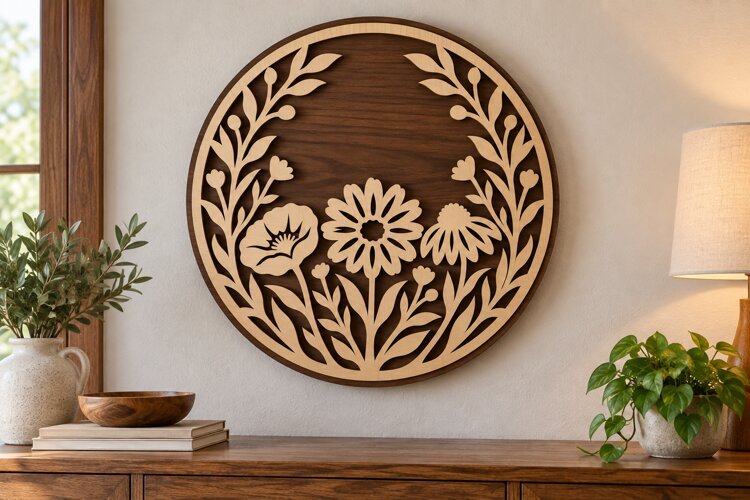Round Floral Wall Art Laser Cut SVG File round floral svg, example image 1
