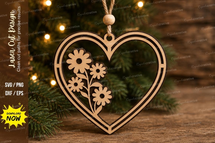 Daisy Heart Ornament Laser Cut SVG File