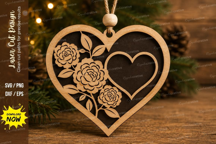 Rose Double Heart Ornament Laser Cut
