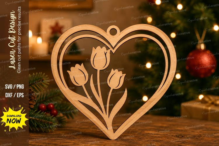 Tulip Heart Ornament Laser Cut SVG File