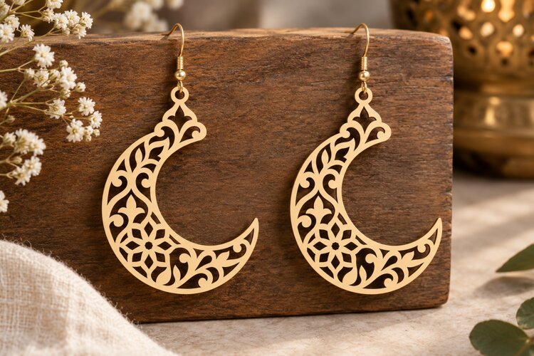 Floral Crescent Earrings Laser Cut SVG File crescent earring example image 1
