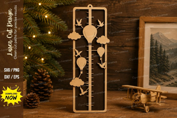 Hot Air Balloon Growth Chart Ruler Birds Clouds Adventure