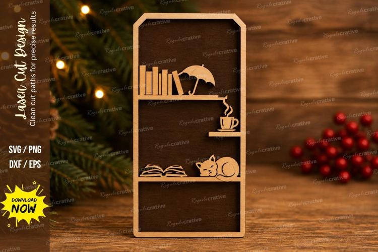 Title: Mini Bookshelf Ornament Books Cat Coffee Cup Reading